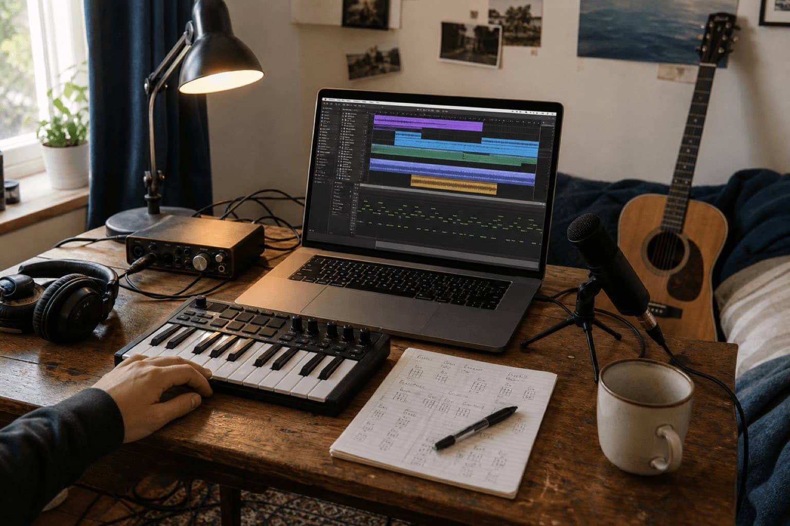 Real home music studio with laptop, MIDI keyboard, guitar, microphone, headphones, and audio interface