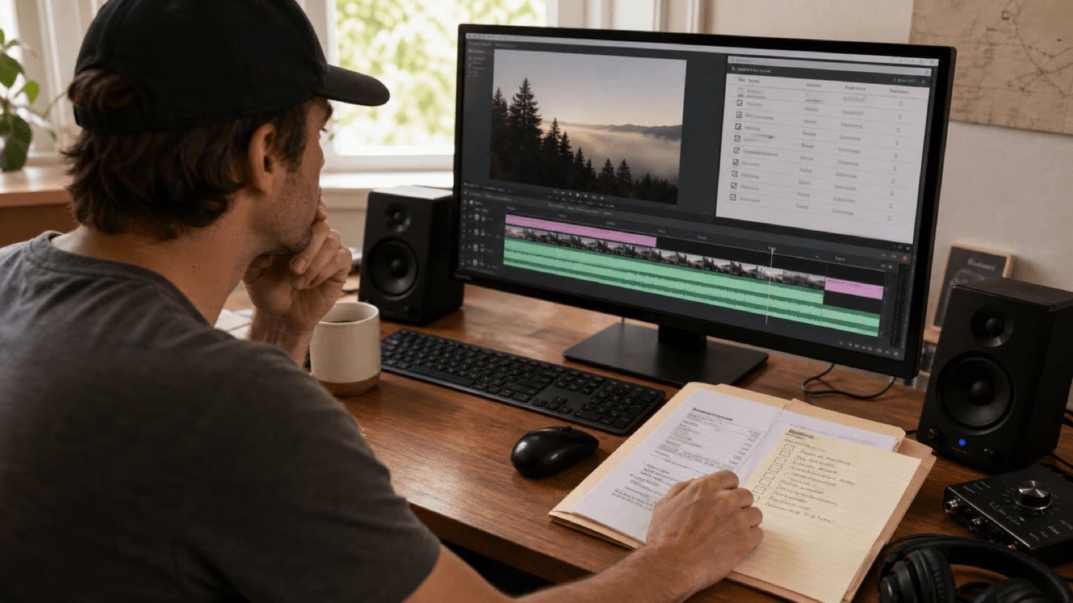 Creator reviews a timeline, music license, and checklist before uploading a video