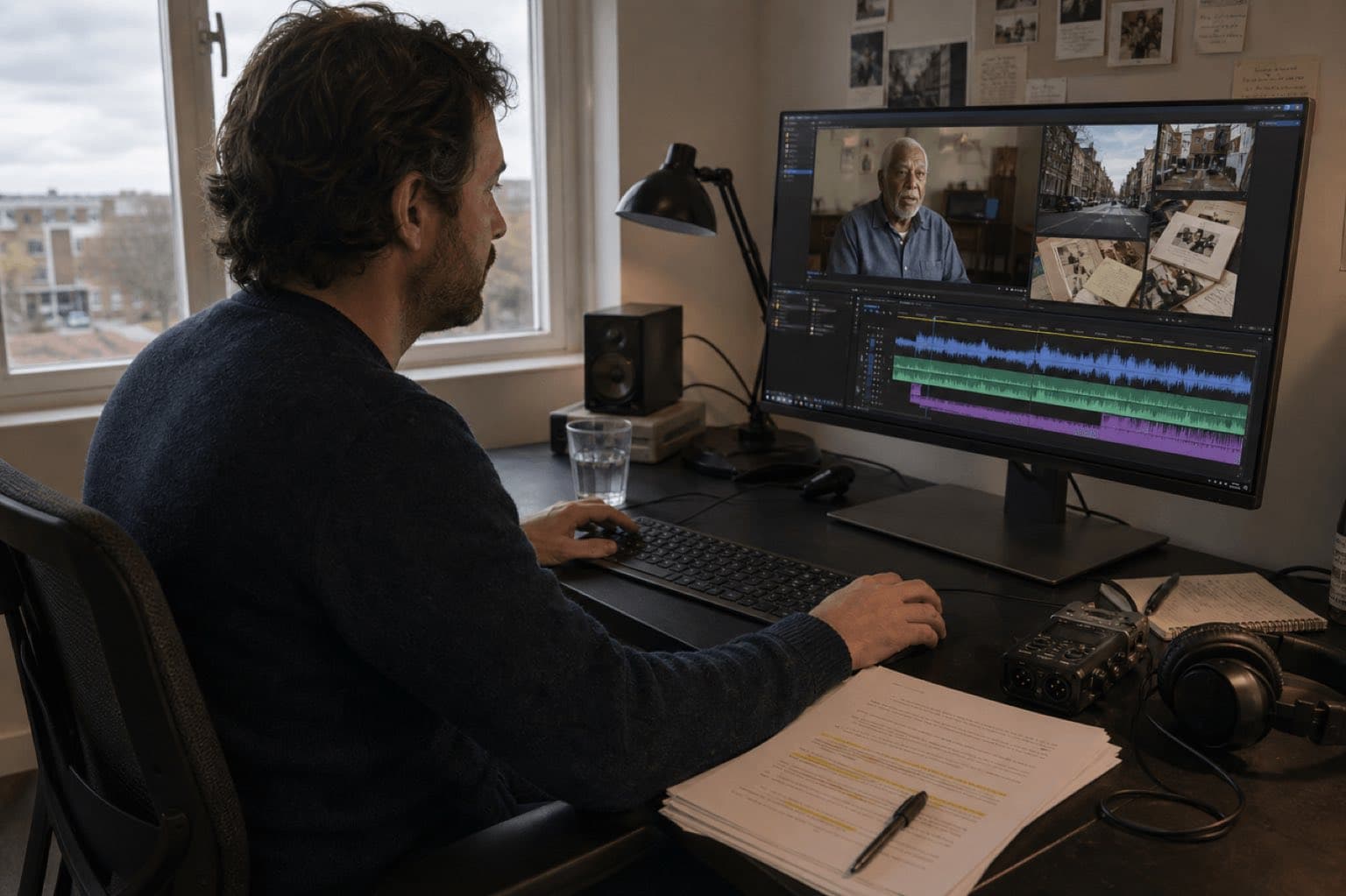 Editor documental revisa entrevista, archivo, sonido directo y música en pistas separadas