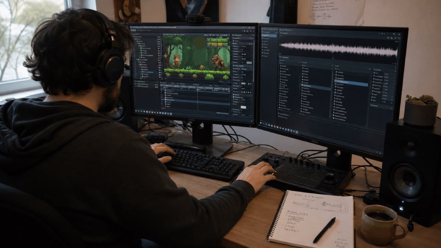 Game developer prueba 2D level y audio formas de onda antes de importar cues