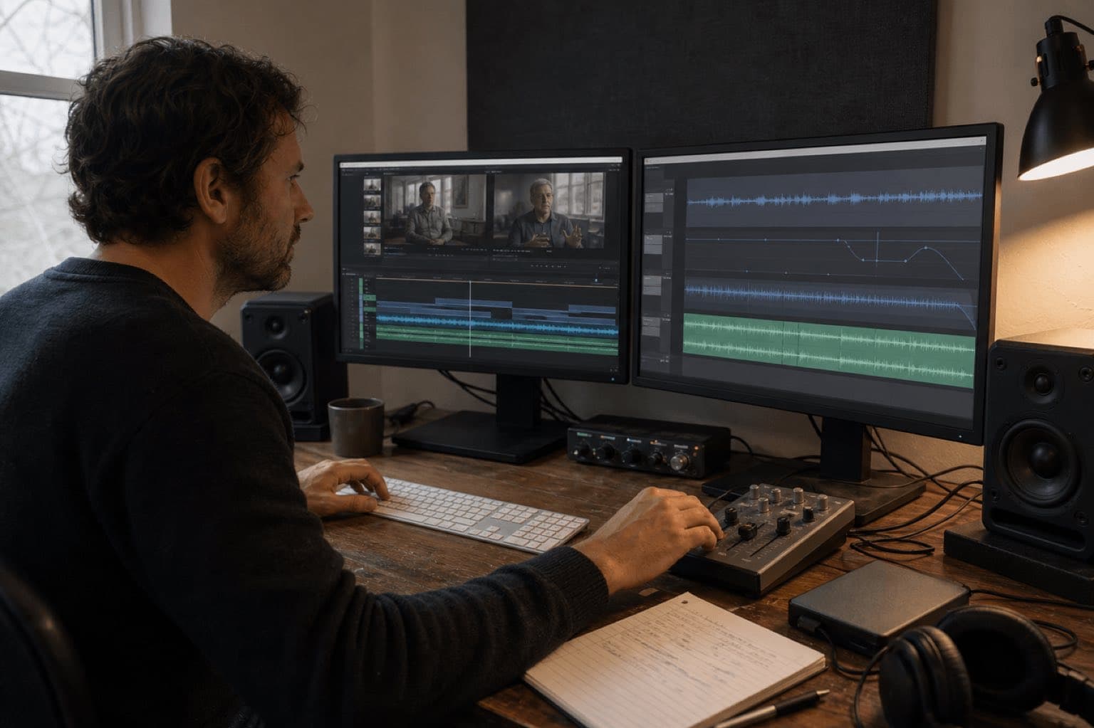 Editor ajusta keyframes de música bajo una entrevista en una estación de edición