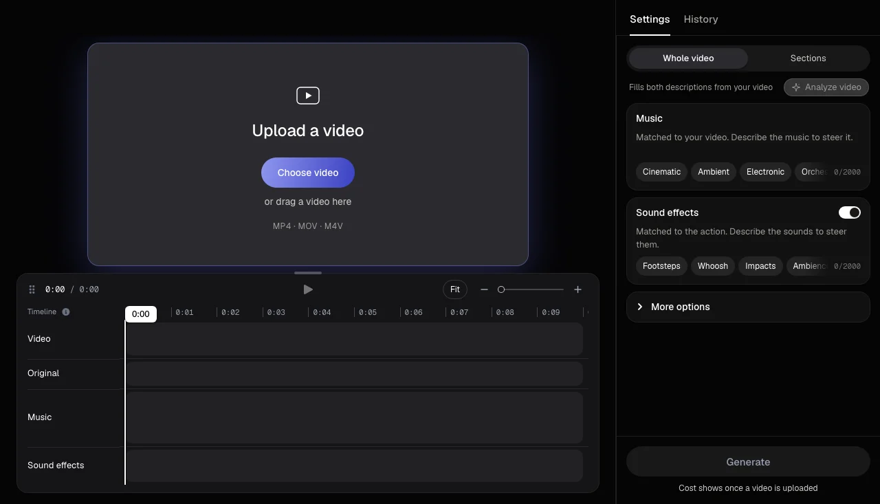 The create page with a Whole video and Sections switch above the music and sound effects settings, next to an empty timeline.