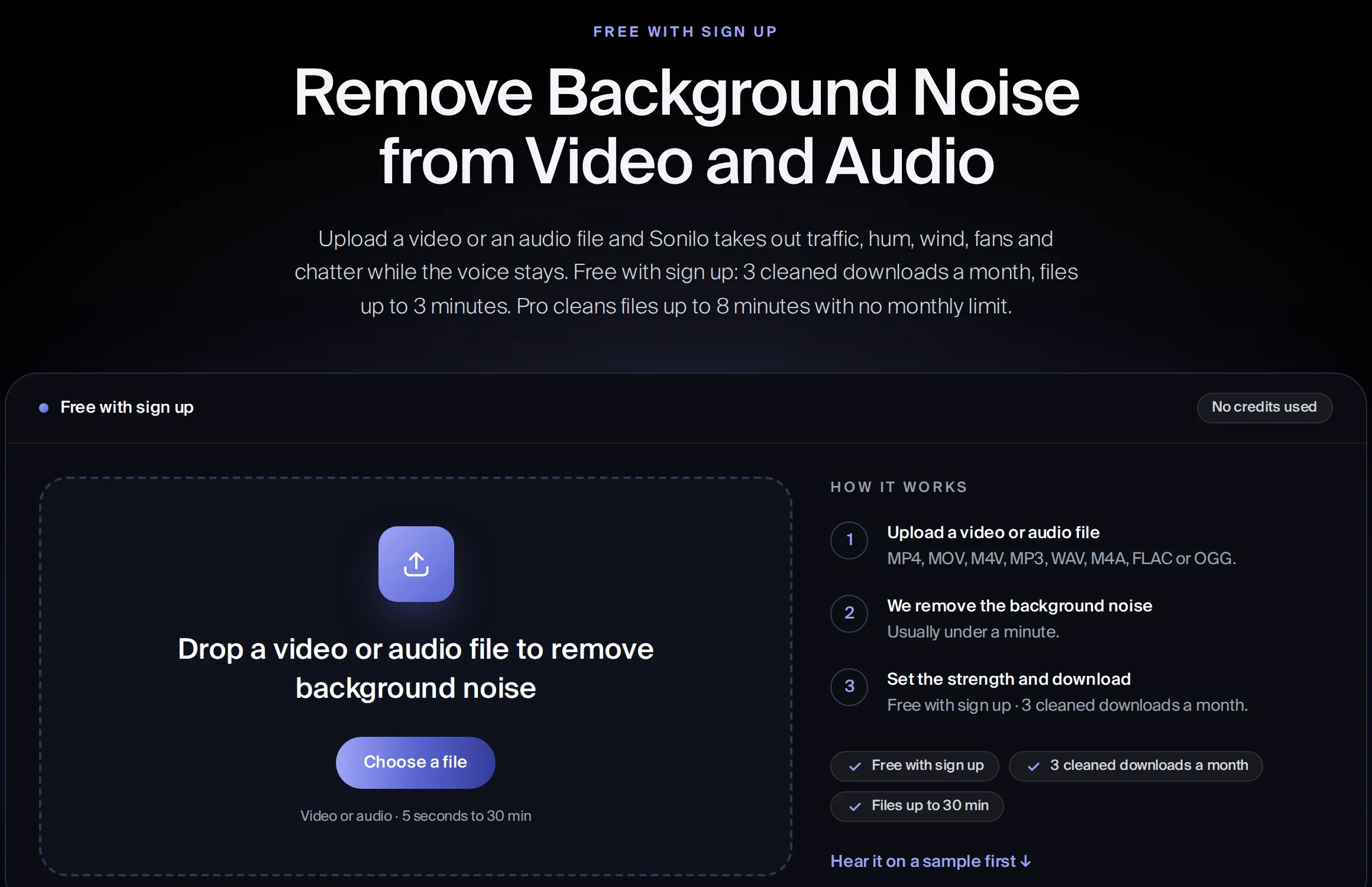 The background noise remover page with an upload area and three steps: upload, remove the noise, set the strength and download.