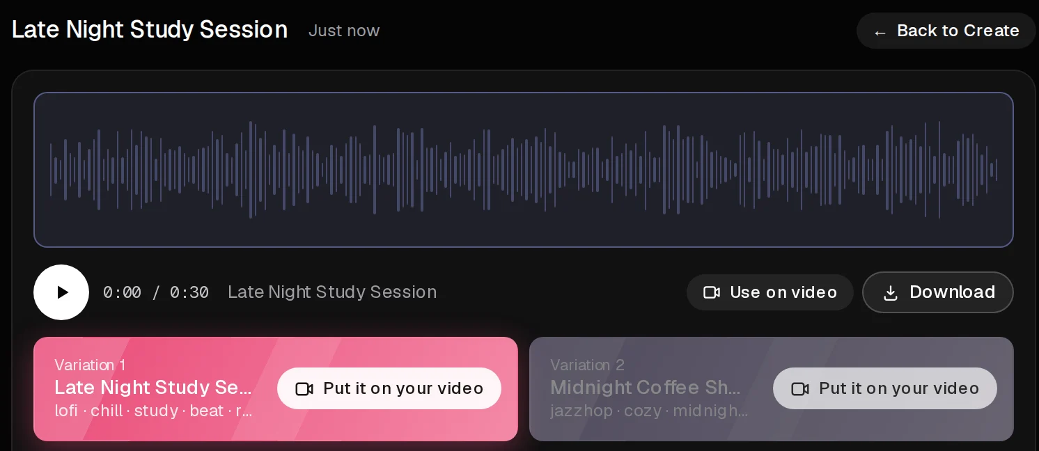 A Text to Music result with an "Add to video" button on each variation.