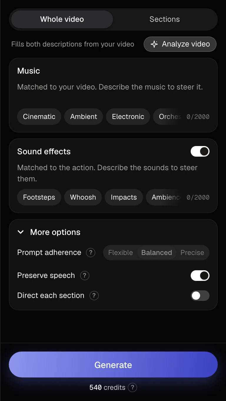 Sonilo Studio settings with the Preserve speech option switched on under More options.