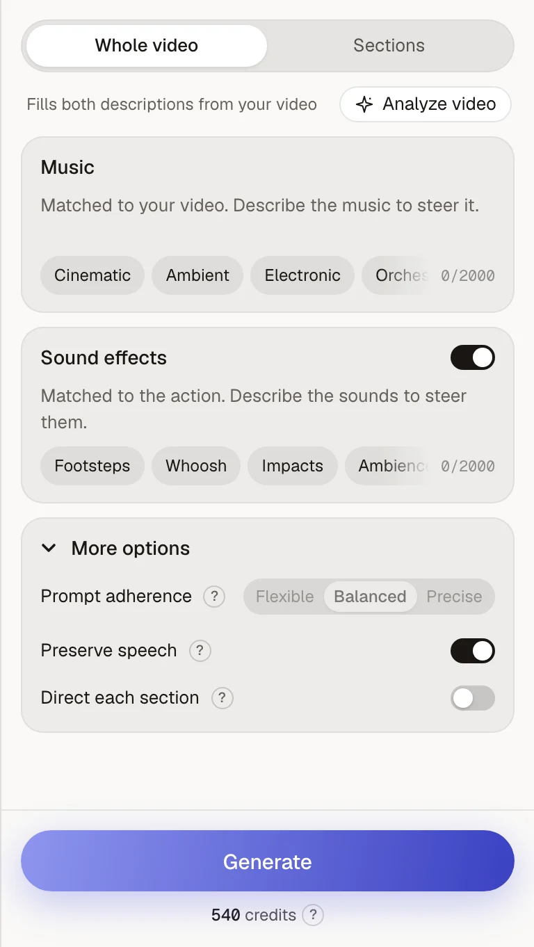 Sonilo Studio settings with the Preserve speech option switched on under More options.