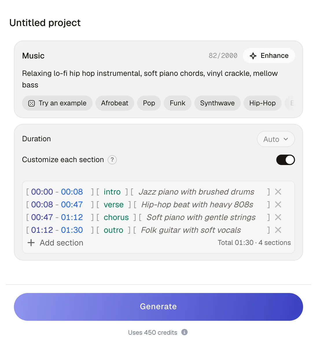 Sonilo text-to-music form with Customize each section switched on, listing intro, verse, chorus and outro sections with a prompt for each.