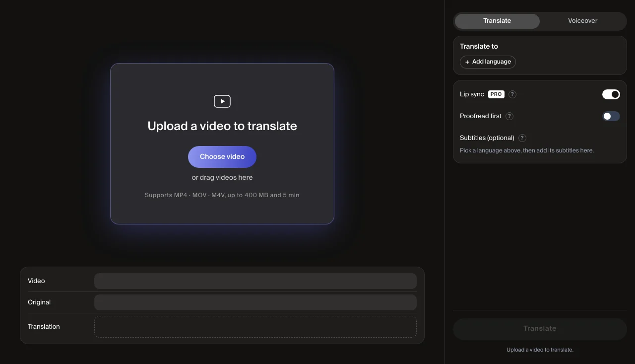 The Dubbing page with an upload box and settings for target languages, lip sync, proofreading and subtitles.